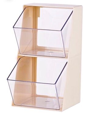 Stackable Two-Tier Plastic Storage Bins in Beige and Clear